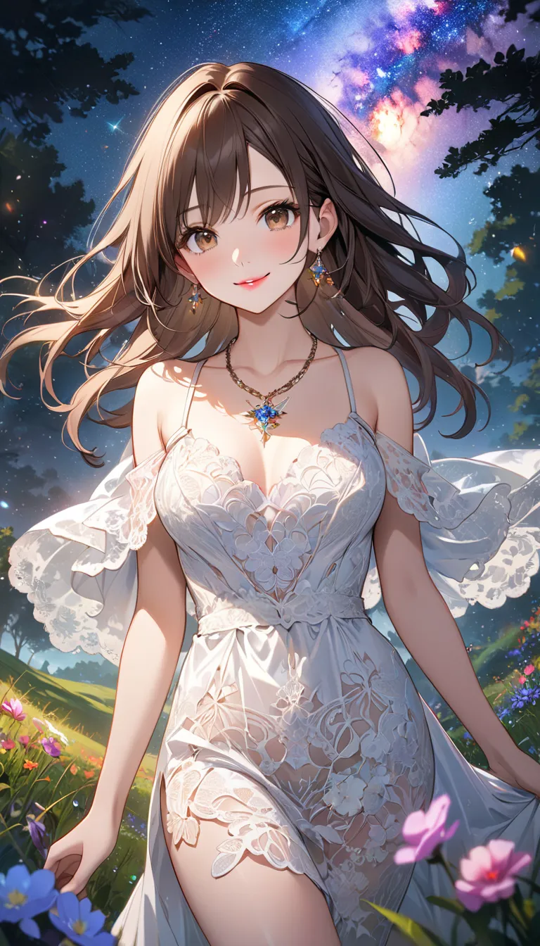 (masterpiece, Best Quality, 8k, Hi-Res), 1 young woman, beautiful face, thin, slender, long, beautiful brown eyes, pink lips, Beautiful Nose, Brown-black long hair , Perfect face , perfect style, smile,  best anime girl , Grassland with forests, walk, Colo...