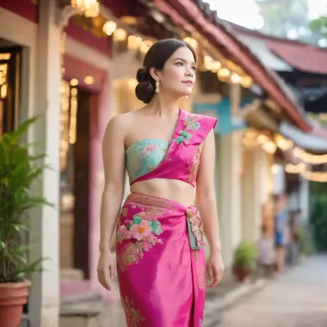 best quality, highres, 8k, masterpiece, photography, detailed midbody photorealistic portrait. Mandy Moore exudes elegance in a fuchsia pink sarong kebaya, intricately embroidered with floral motifs, paired with a vibrant batik wrap skirt. She walks along ...