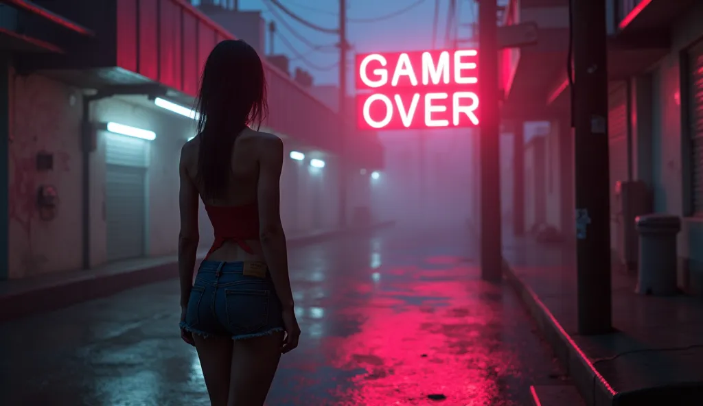 , a girl with a beautiful figure,  is standing with your back, on the right, on an empty street, in front of her, the “Game Over” sign is illuminated with neon lights in cyberpunk style