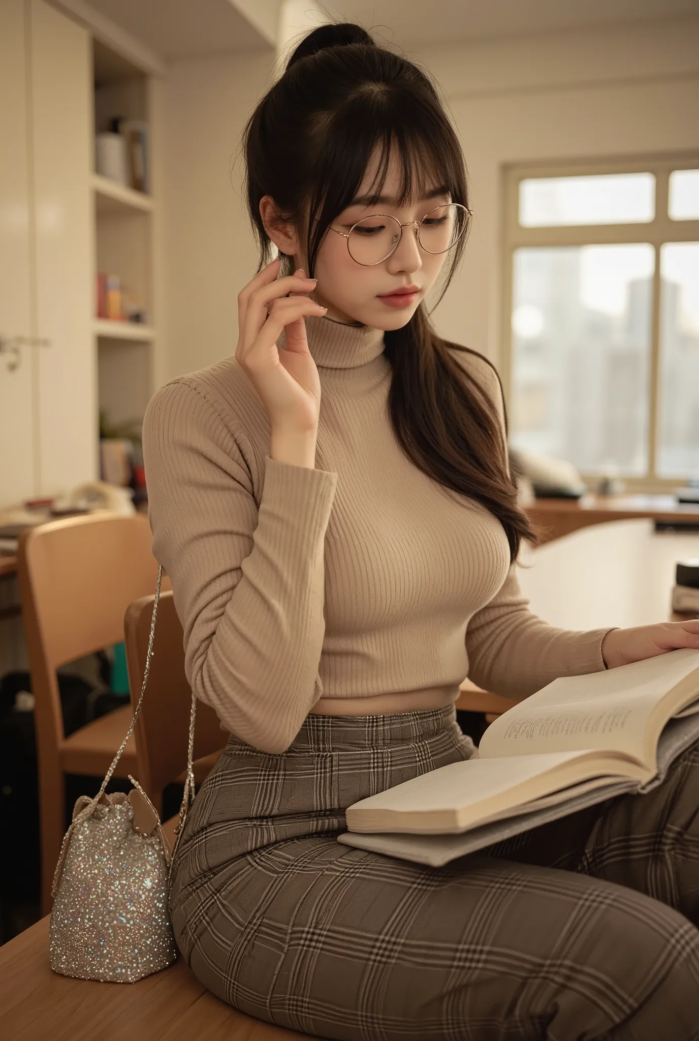 " amateur shot .  Tied to 、 big boobs 、 holding a book in her hand  ,   she has cozy round glasses that surround a book  .  her sweater is hidden in high-waisted plaid pants that stretch her legs ,  Long black hair with bangs is loose .  shy and adorable A...