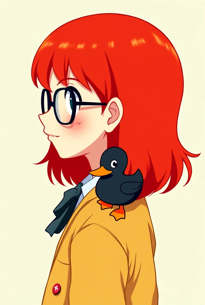 A cute cartoon anime-style character, that has glasses, The red and long hair and a black duck mascot animated, as a profile picture  