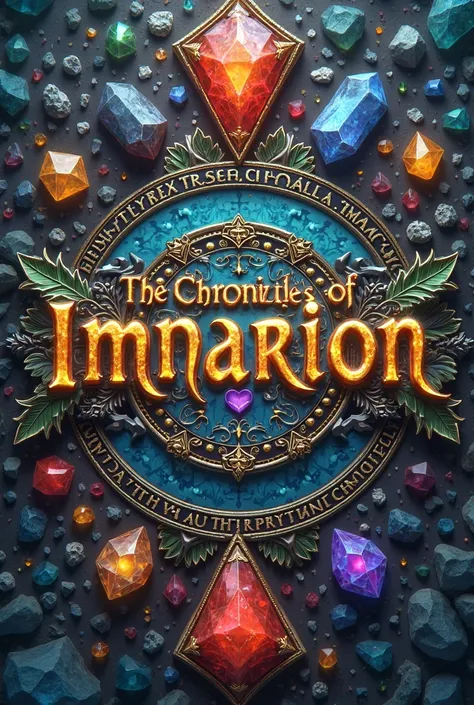 Create a fantasy title with the letters in Spanish "The Chronicles of Imnarion" In crystal and gold letters, with runes and geometric shapes and stones