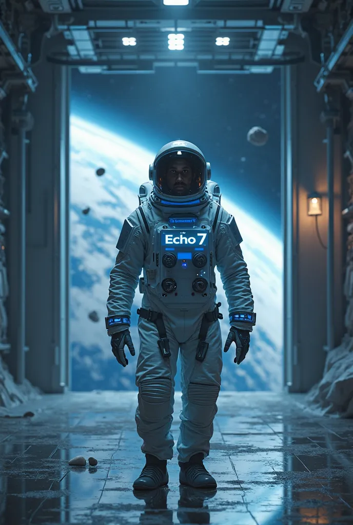 *A lone astronaut in a high-tech white and dark blue space suit with a transparent helmet, revealing his focused expression and a communication mic. His mission badge, labeled "ECHO-7", is clearly visible on his chest in bold, futuristic font. His gloves h...