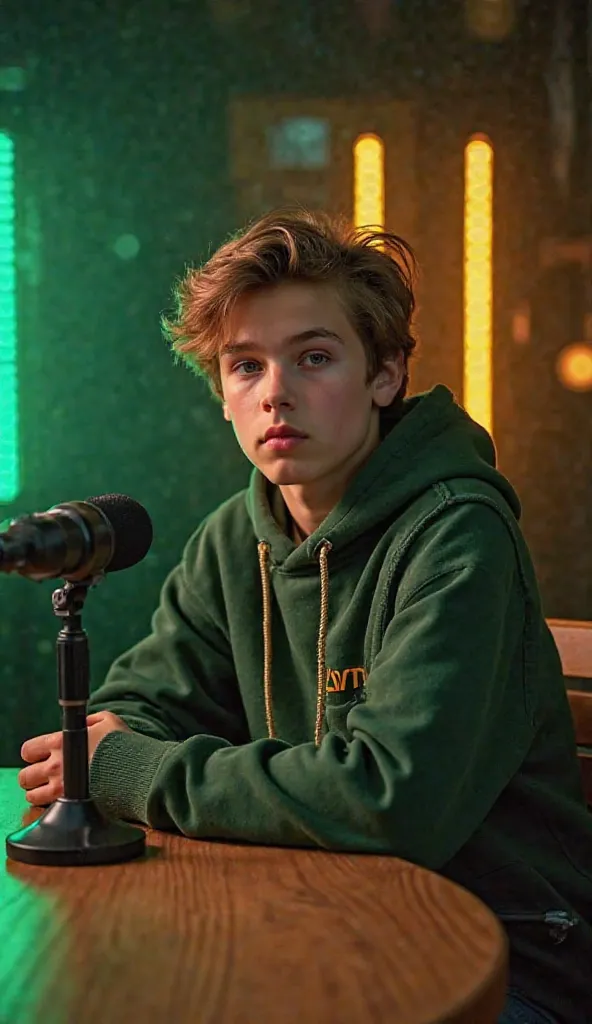 A 18 years handsome boy,wears huddy,sitting at chair in studio. Doing storytelling his front have a mic on table, in background green and yellow lights are on.and looking front side.ensure image camera angle will front.