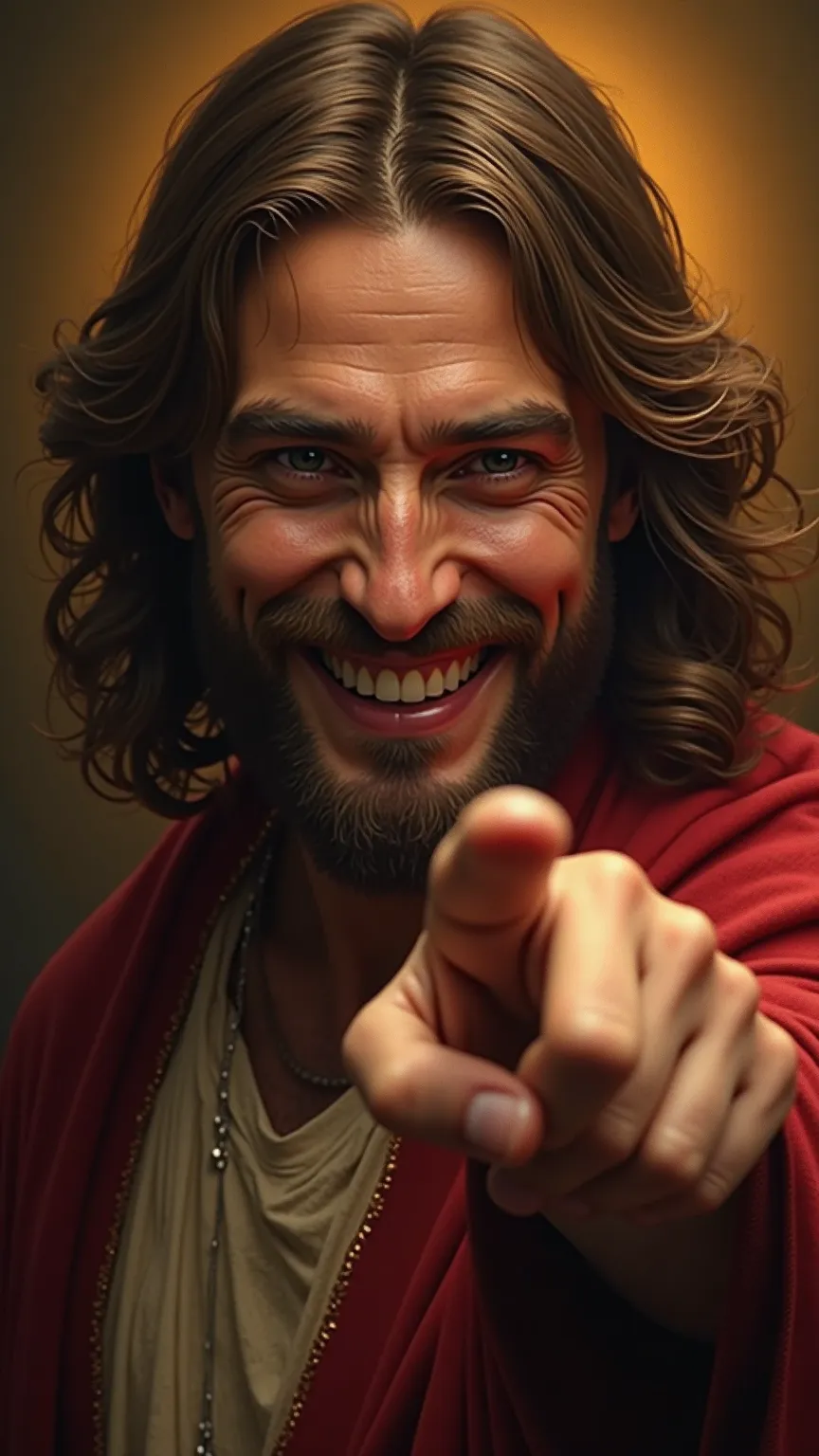 Jesus smiles at the camera and points the finger,  highly detailed , photorealistic digital portrait, hyperrealistic, 8k, exquisite lighting, dramatic contrasts,  warm color palette ,  natural textures , makellose Hautdetails, Vivid Expression, expressive ...