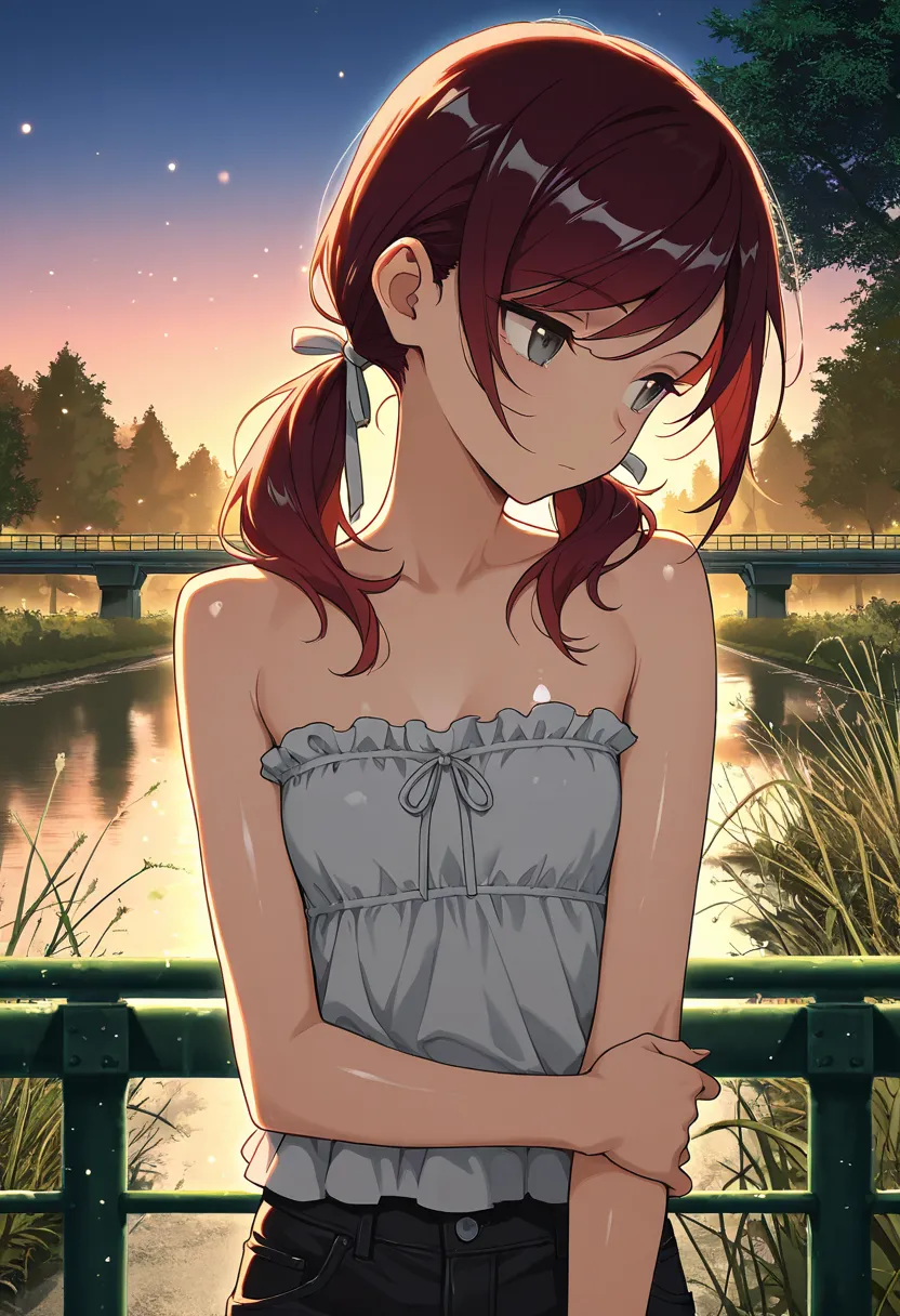 masterpiece, best quality, amazing quality, expressionless, :|, young woman, solo, light particles, thin, skinny, close up, hair blowing in wind, looking away, holding own arm, dark red hair, swept bangs, low twin tails, hair ribbons, stoic, head tilt, hea...