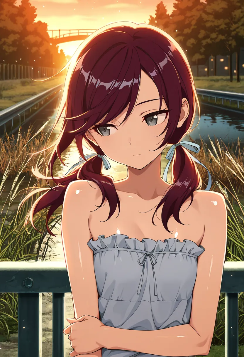 masterpiece, best quality, amazing quality, expressionless, :|, young woman, solo, light particles, thin, skinny, close up, hair blowing in wind, looking away, holding own arm, dark red hair, swept bangs, low twin tails, hair ribbons, stoic, head tilt, hea...