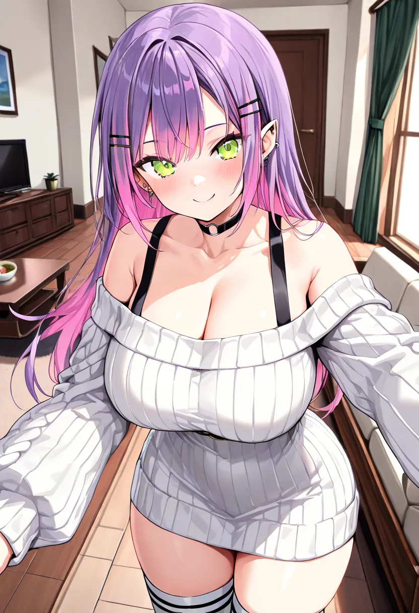 (Best Quality , 8k , masterpiece , incredibly absurdres , perfect body , super detailed skin , highly detailed eyes and face , 1 woman ) , tokoyami towa , purple Hair , Green eyes , smile ,  will be happy , ( off-shoulder sweater dress , inner wear shoulde...