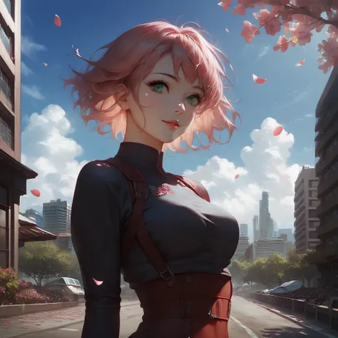 beautiful girl , short bright red messy hair , black eyeshadow , (street style clothes:1.2), (urban background:1.2), dark makeup , anime girl with pink hair and green eyes , best anime wallpaper 4k konachan , sexy anime girl , sakura petals around her , an...