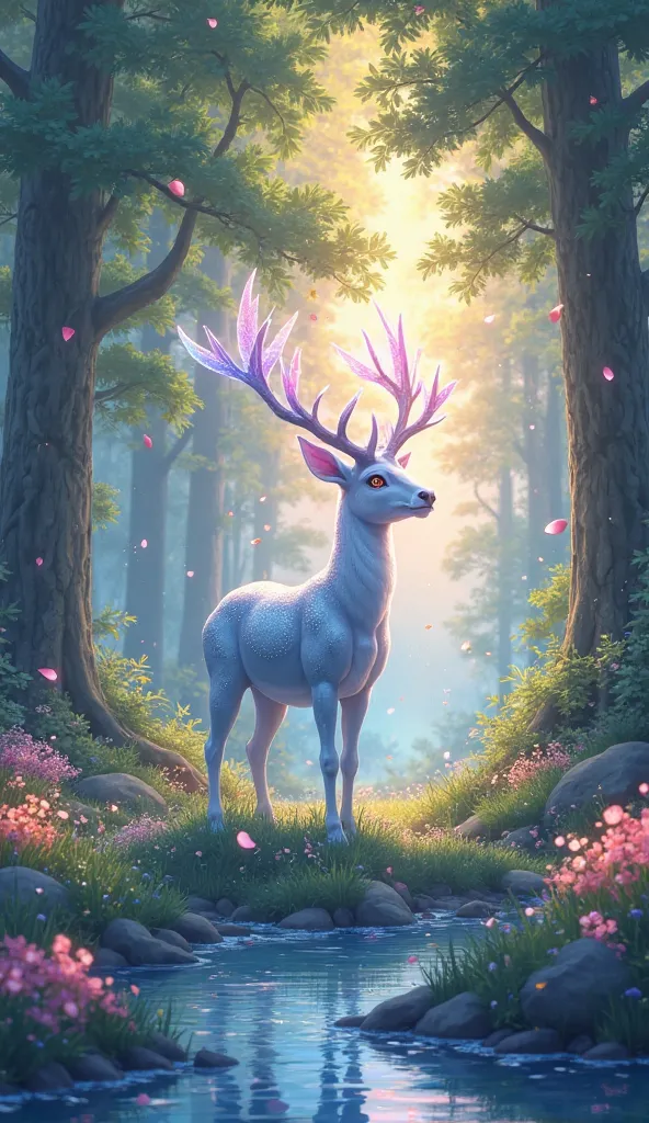 A stunning anime-style scene depicting a serene, enchanted forest bathed in soft golden sunlight. Towering ancient trees with vibrant green foliage create a natural canopy, while delicate, glowing fireflies float through the air. A crystal-clear stream win...