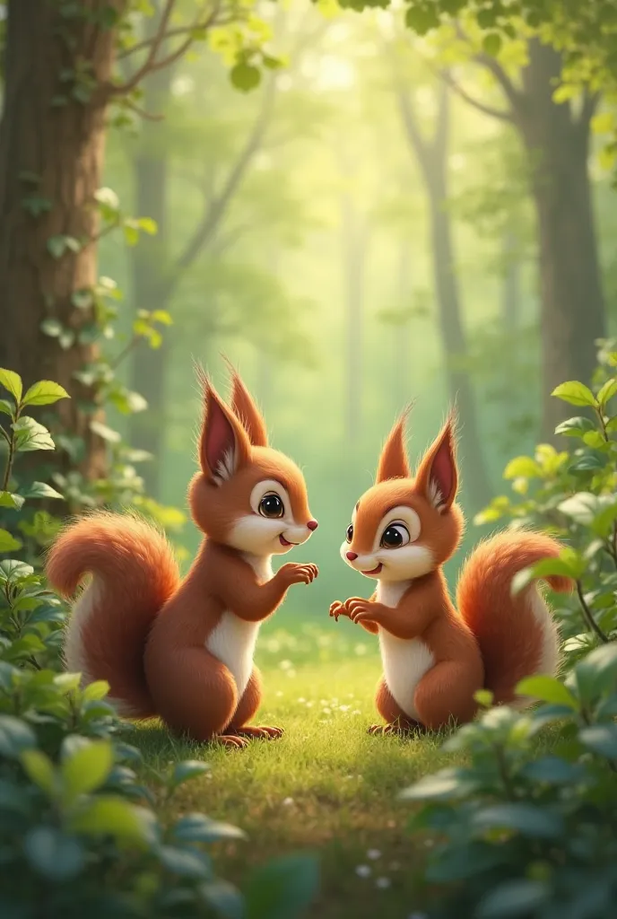 A wise-looking baby squirrel proudly explaining something to its mother, who looks both curious and amused. The background shows a lush green forest."