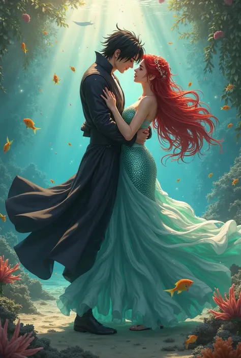 Itachi Uchiha exchanging glances with the little mermaid Ariel they are in love dancing a waltz