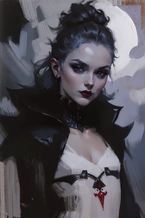 full body portrait，Vampire woman wearing gothic style clothing，Sexy and enchanting，Asymmetrical long snow-white hair. Occasionally, black strands could be seen in them, combed to the right side of the head. She was wearing small black and white earrings in...