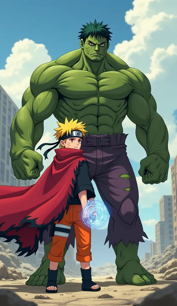 Imagine Naruto Uzumaki and Hulk (Bruce Banner) standing side by side in an epic scene, blending the worlds of anime and Marvel.

Naruto is in Sage Mode, with his vibrant orange eyes and a red cloak flowing behind him, its edges lined with black flames. His...