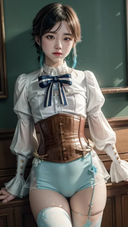 Xingqiu genshin AS girl, best quality,  1 girl, white shirt, lace, long sleeves,  frilled sleeves , a corset,  blue panties, translucent, tight clothes,  white tights, jewelry, brooch, there is, blushing, skinny, 