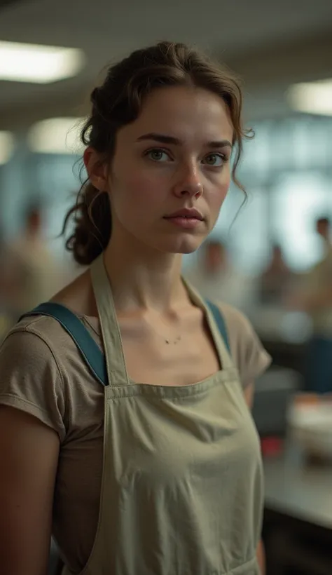 Sofia wearing an apron a little serious and in the back is the blurry cafeteria.
