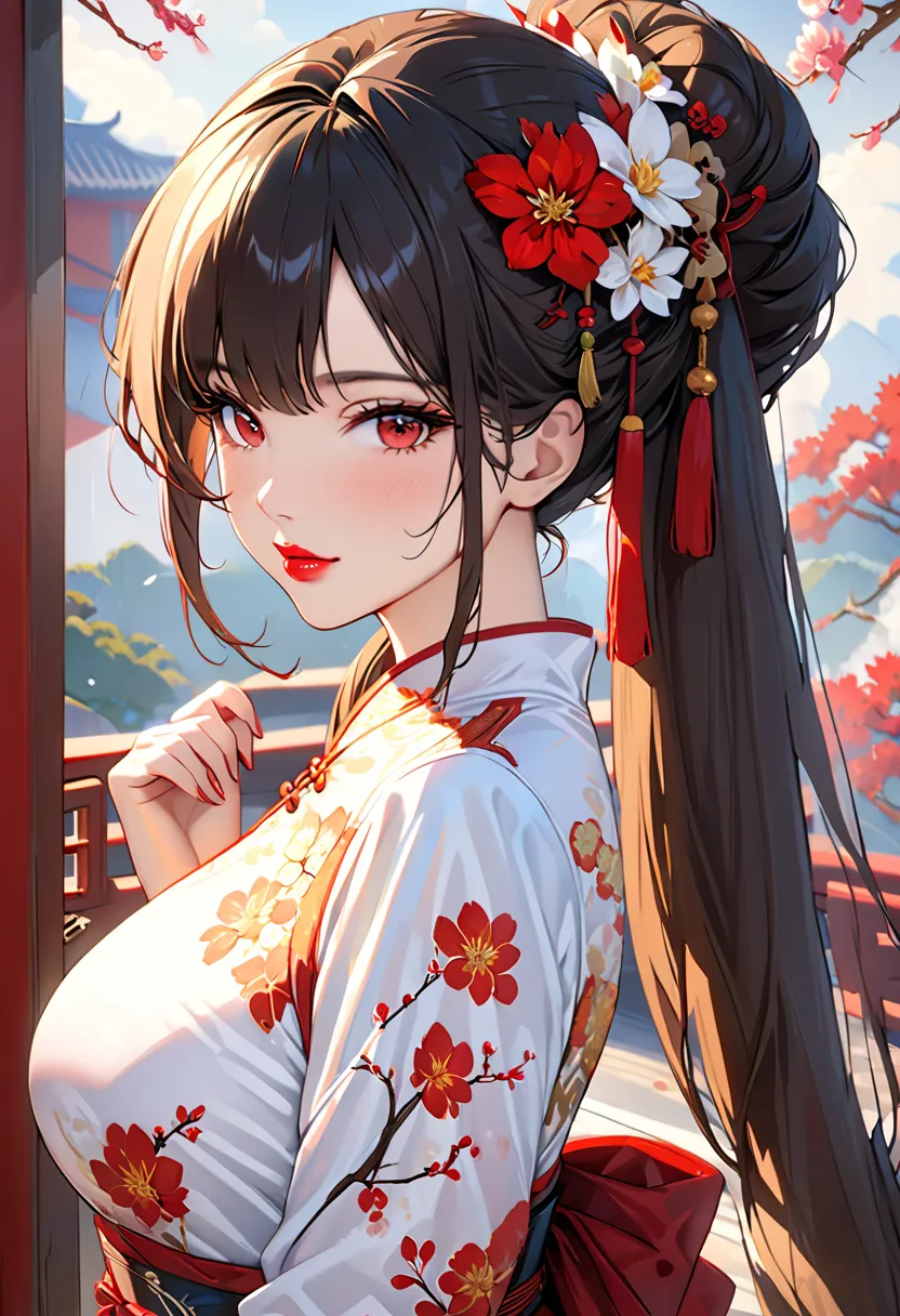 1 girl,upper body,Fashionable Girl,China Dress,Chinese clothes,hair flower,(masterpiece:1.4),(best quality:1.4),( shiny skin), red lips,watching viewers,big breasts,flabby lips