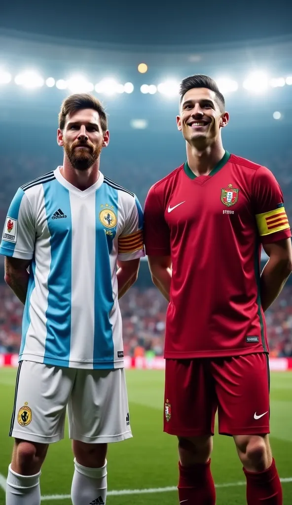 The image features Lionel Messi and Cristiano Ronaldo standing side by side, both in peak physical form, wearing their iconic jerseys—Messi in Argentina’s sky-blue and white stripes, and Ronaldo in Portugal’s deep red. Their expressions are focused yet fri...