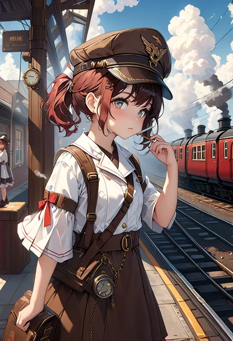 1 girl,   Pilot Cap  ,   Alone,   steam punk, station,  , steam, cigarette, masterpiece, Very Detailed,Hi-Res, 8k resolution for kindergarten ren, best quality,