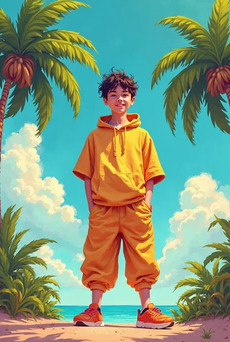 Track cover "On papu" artist name "V9NAL", summer atmosphere,  boy in oversized clothes against the background of palm trees 