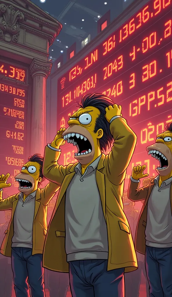 The Springfield Stock Exchange with red number screens, yellow investors pulling their hair 