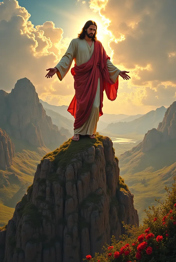 I want an image of Jesus with baroque art. In. Different places. As if it were an old painting the image. Change angles and landscapes. JESUS ON TOP OF THE MOUNTAIN. 