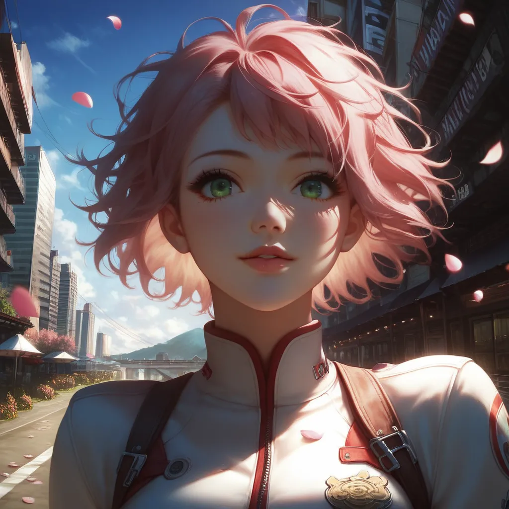 beautiful girl , short bright red messy hair , black eyeshadow , (street style clothes:1.2), (urban background:1.2), dark makeup , anime girl with pink hair and green eyes , best anime wallpaper 4k konachan , sexy anime girl , sakura petals around her , an...