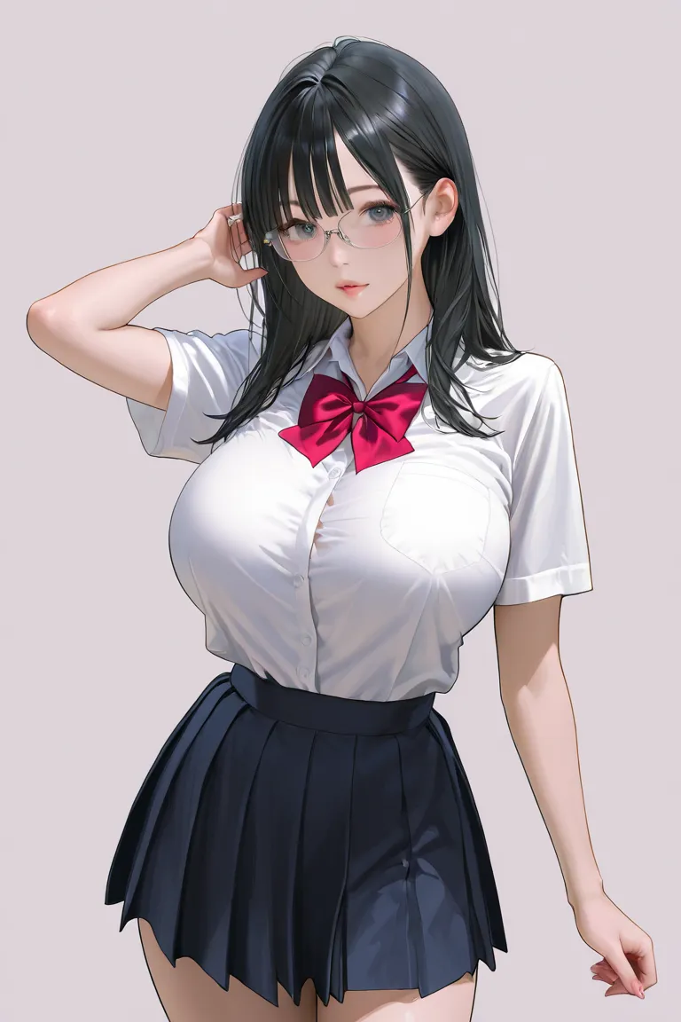 Glasses、Plain woman、Big Breasts、Japanese、straight short black hair、bangs、 extremely realistic 、 perfect composition、Best Quality、simple background、waist shot、sensual、 Line Art、 School Uniform