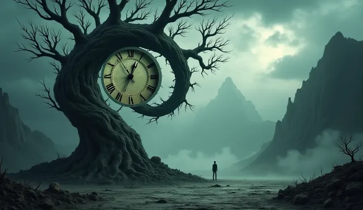 A surreal, dark fantasy landscape featuring a massive ancient clock embedded within the twisted trunk of a gnarled tree. The tree spirals upward in an eerie, infinity-like shape, its bark weathered and cracked, with skeletal branches reaching out like claw...