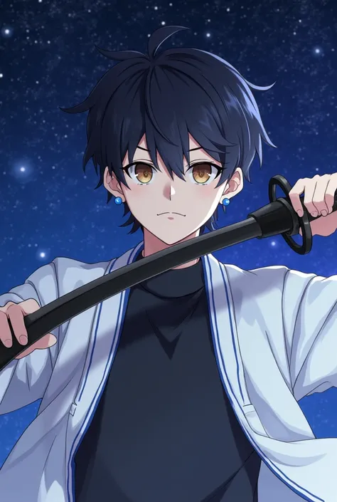  youth,handsome, black hair,brown eyes,Sugar face ,Baby Face,swordsman,has a jet black sword,black shirt,Western-style white robe(The blue line), blue earrings, series of character actions,  Godley, Japanese illustration style, anime, Godley, 最強のswordsman,...