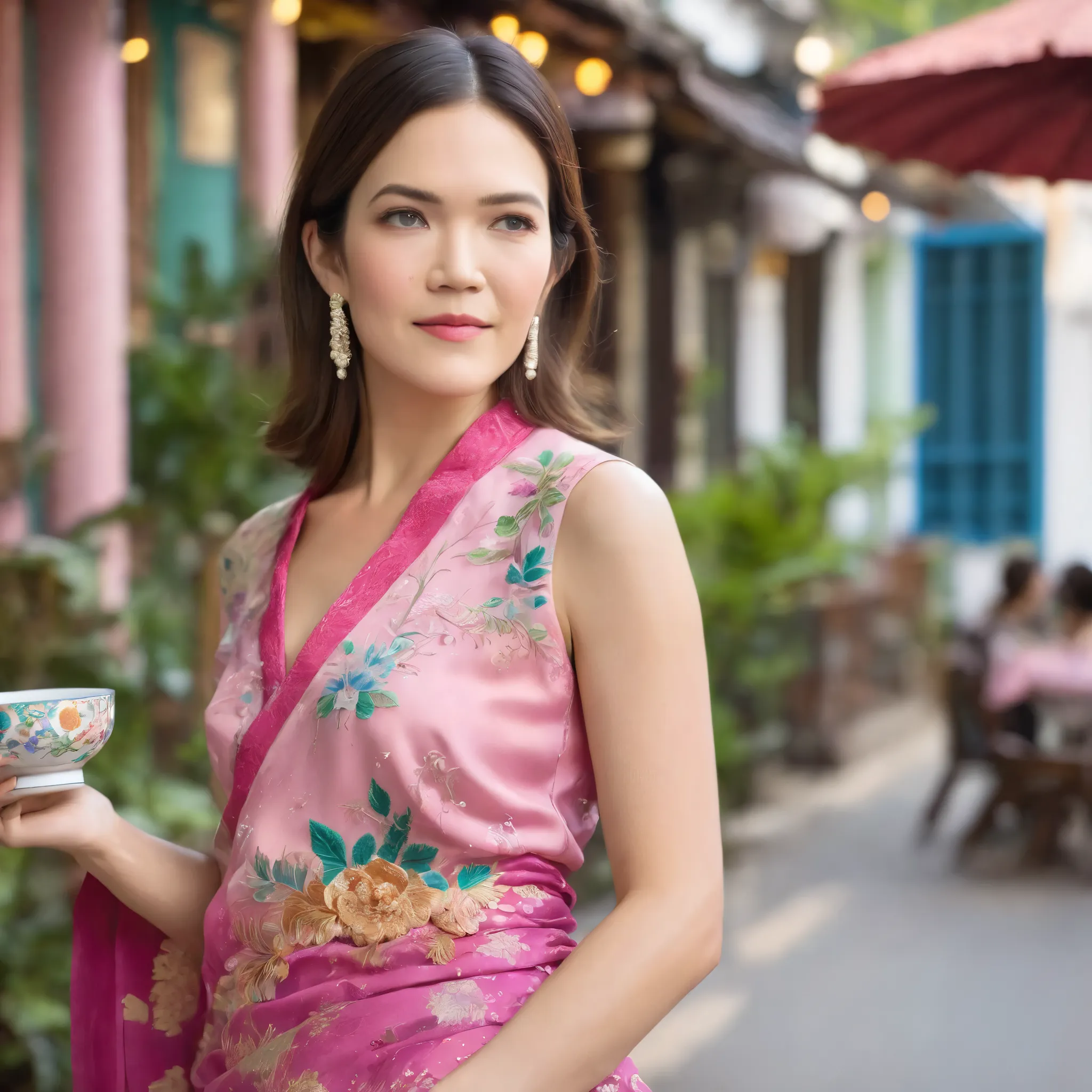 best quality, highres, 8k, masterpiece, photography, detailed midbody photorealistic portrait. Mandy Moore exudes elegance in a fuchsia pink sarong kebaya, intricately embroidered with floral motifs, paired with a vibrant batik wrap skirt. She walks along ...