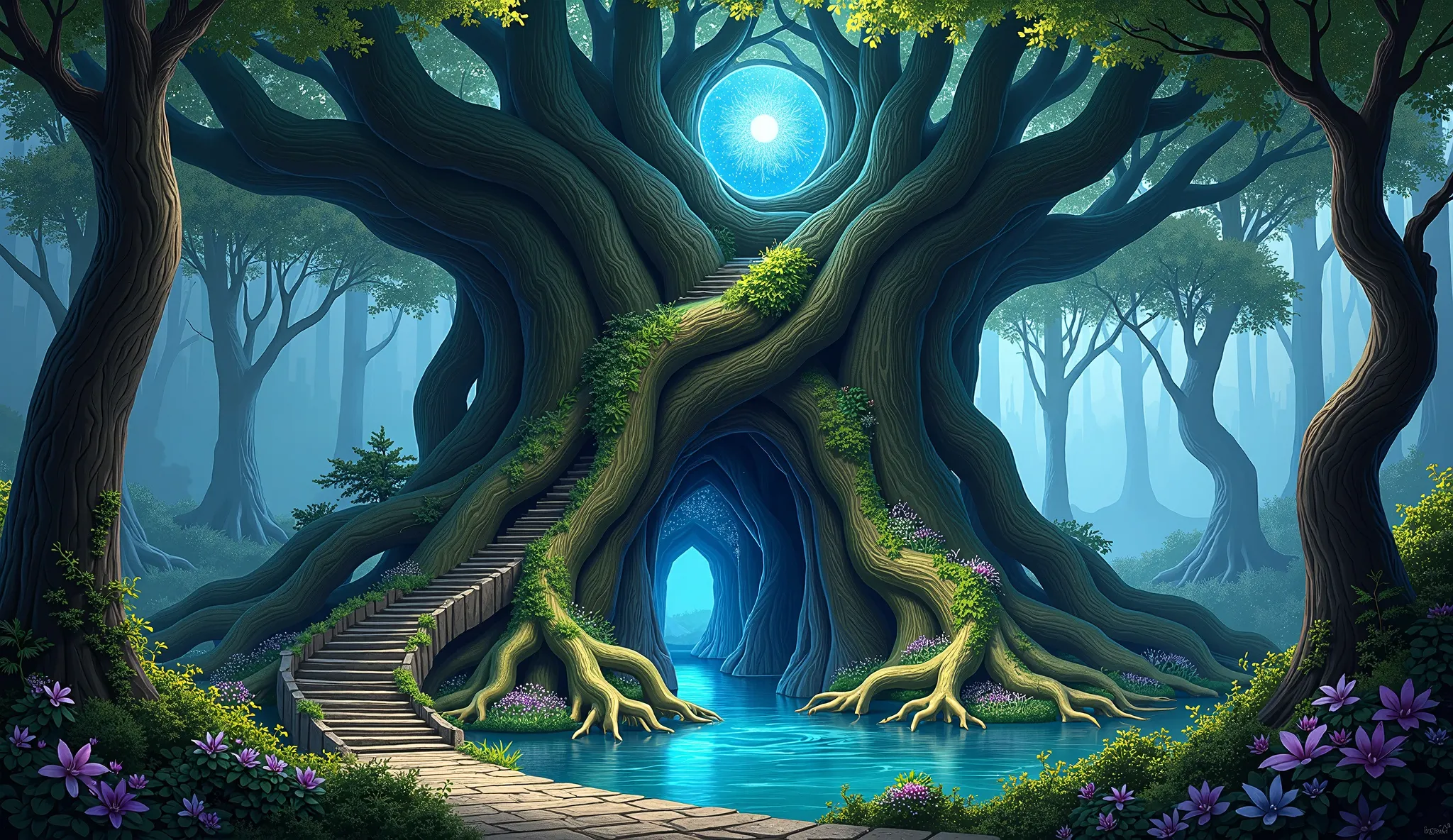 Create a mesmerizing illustration of the "Obsidian Hollow," a stronghold carved into the heart of a colossal, ancient tree that towers above a dark, enchanted forest. The stronghold is constructed from the tree's own dark, polished wood, interwoven with sh...