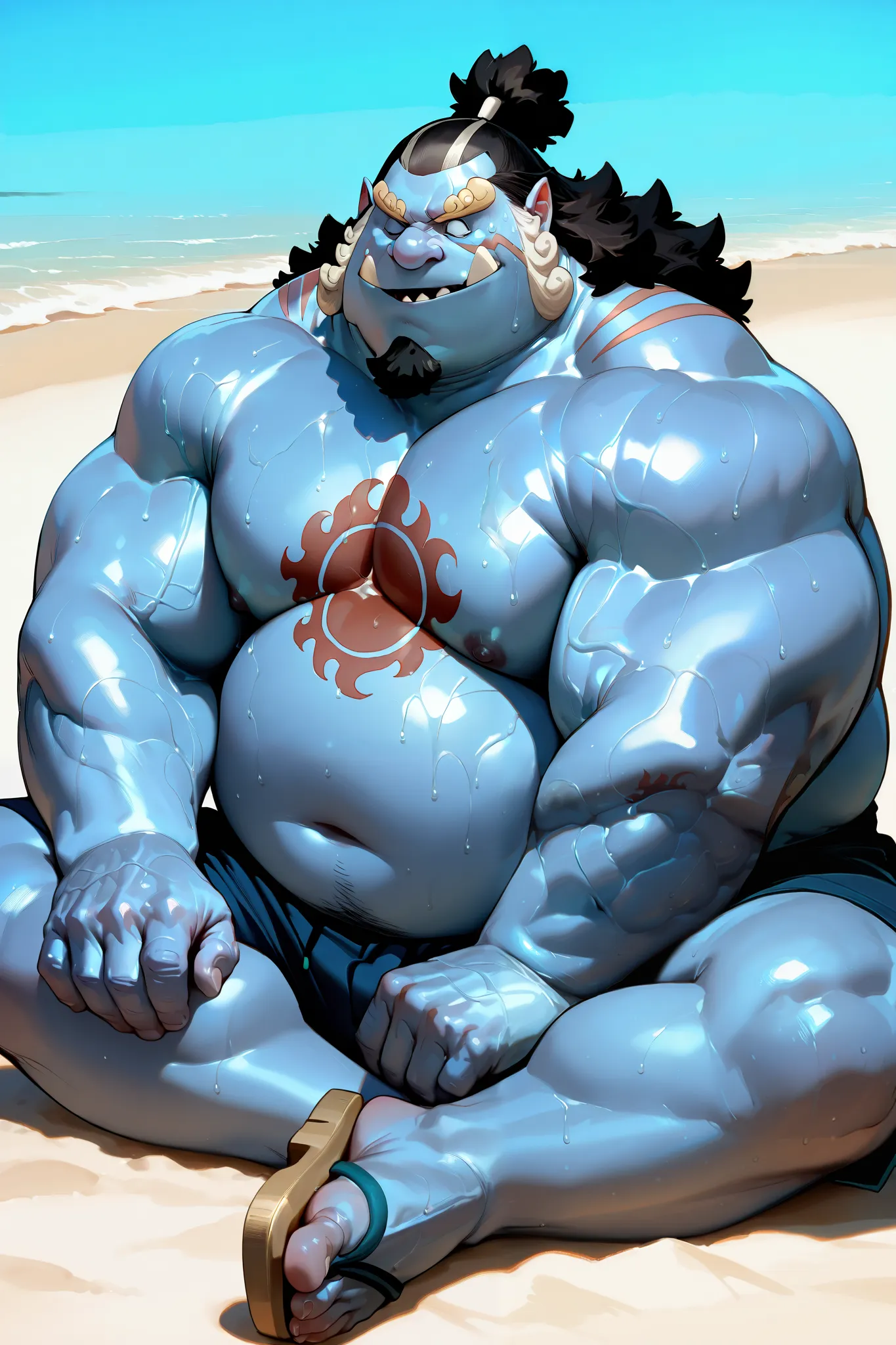 solo, 1boy,jinbe, blue skin, detailed face, beach, sitting, smile, Happy, detailed eyes, shorts, chest tattoo, wide shoulder, thick arms, (chubby, belly), wide pectoral, muscle, short hair:1.2, detailed eyes, focus eyes, sweat, shirtless, masterpiece, semi...