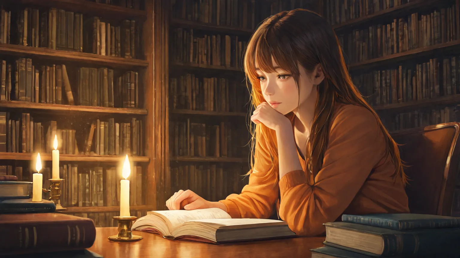 Hi-Res,high quality,rich in detail,The tranquil atmosphere of the library,large bookshelf,Beautiful Girl Wearing Hair,Reading a book quietly, Candlelight ,anime,full body,realistic texture,Warm colors,4K rendering,precise texture,professional illustrations