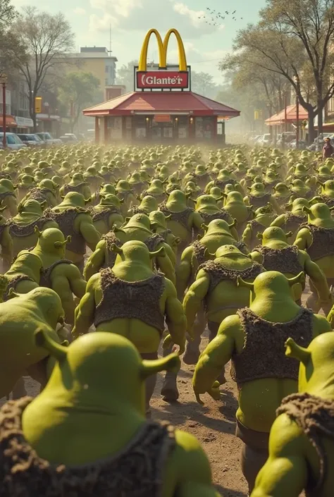 Make an image of a horde of shreks running towards mc Donald’s, make their back face to the camera and all the shreks is facing towards mc Donald’s and rushing to mc Donald’s 