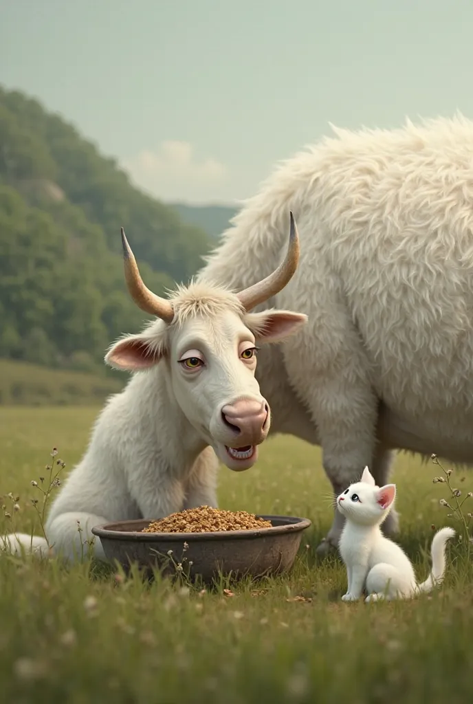 A beautiful white cow fell ill and was unable to eat the fodder in front of her. Nearby, a delicate white cat noticed the cow's condition and became worried.