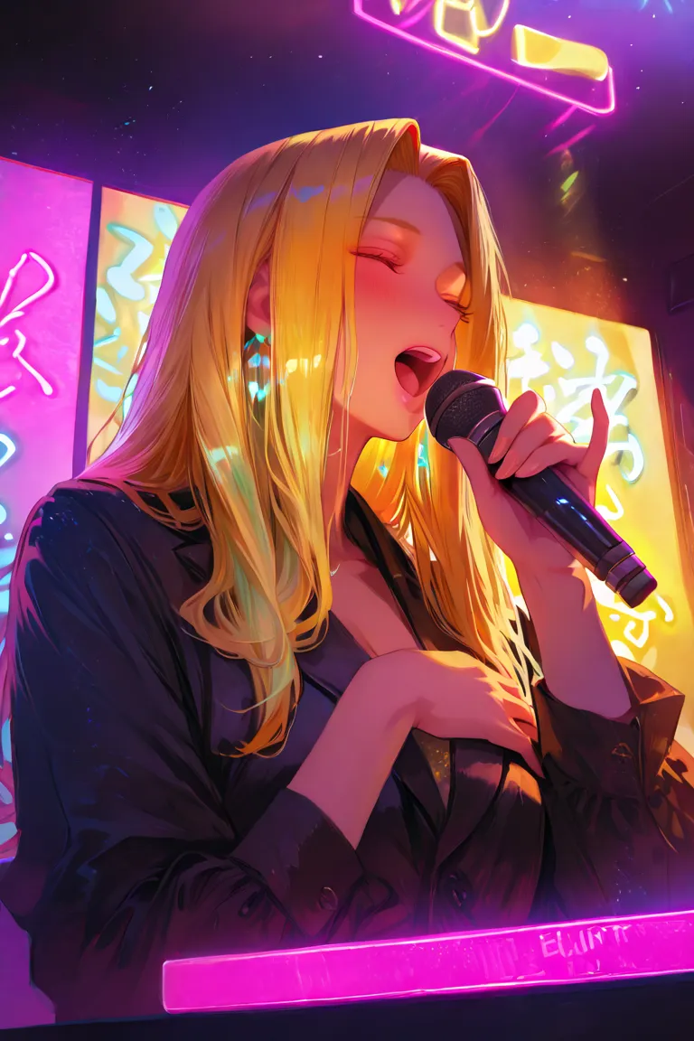 Gabrielle, woman singing karaoke, detailed facial features, elegant singing pose, microphone in hand, colorful karaoke bar background, bright stage lighting, vibrant neon lights, upbeat and lively atmosphere, professional photography, high resolution, 8K, ...