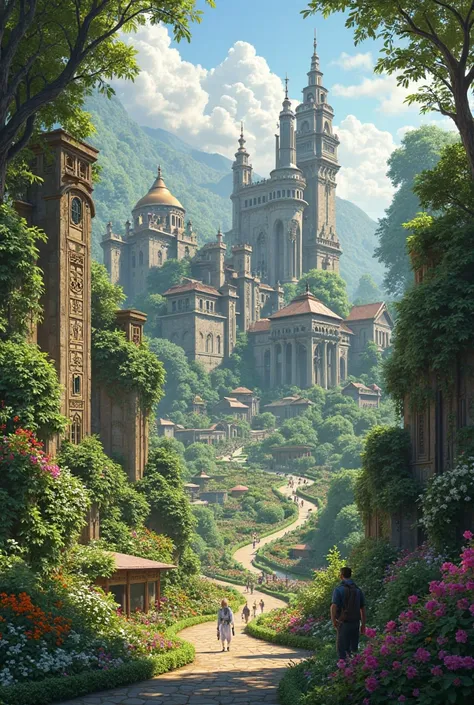 Images of an ancient city with lush gardens