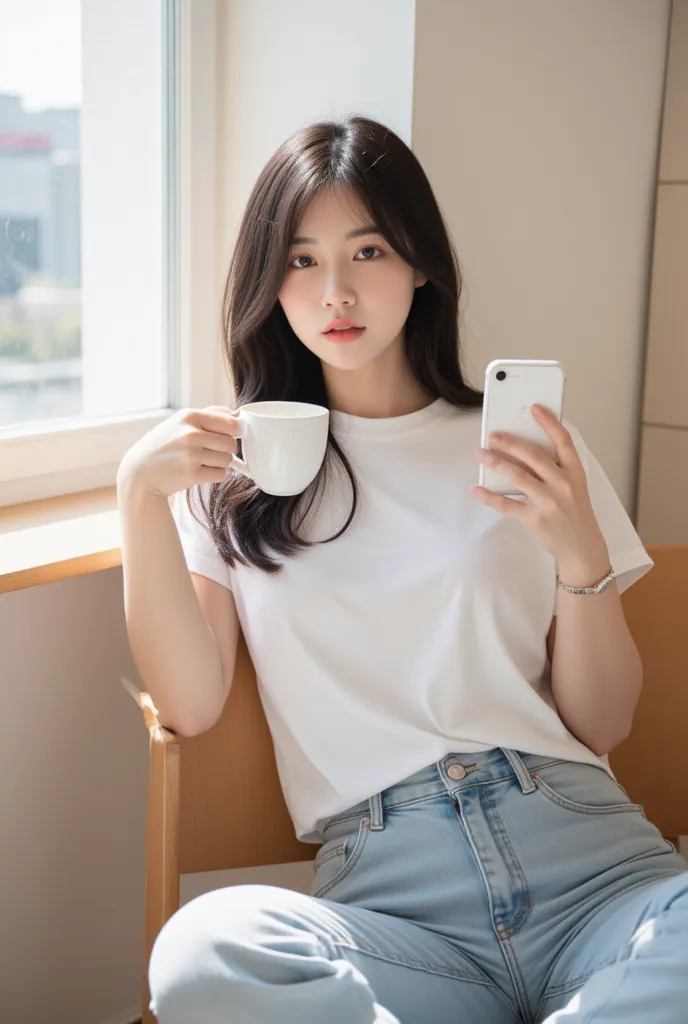 A young Korean woman sitting by a sunlit window in a cozy minimalist bedroom, holding a cup of coffee in one hand and her phone in the other. Her silky black hair falls naturally over her shoulders, slightly tousled as if she just woke up. She wears a simp...