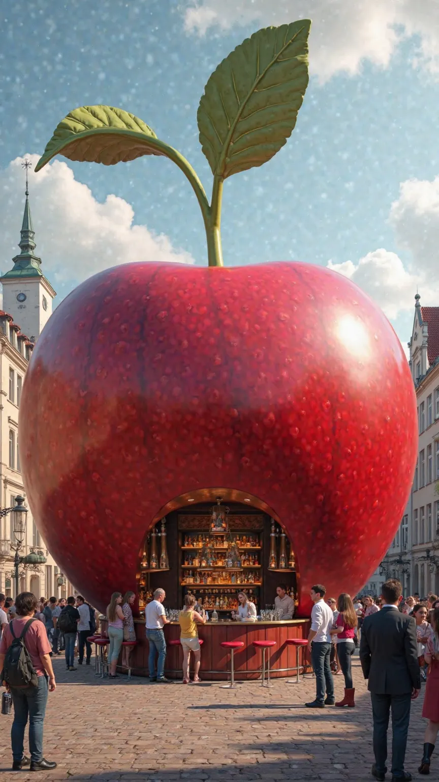 A large cherry that is located in the center of Poznan. There is a bar inside this cherry tree. People are standing near the bar and drinking drinks.