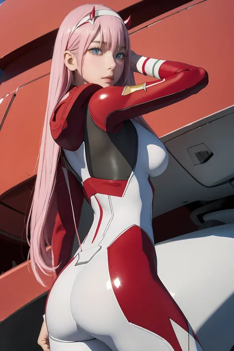 ((best quality)),((highly detailed)),masterpiece,absurdres,detailed face,beautiful face,((detailed eyes, deep eyes)),(1girl),((dynamic pose)),   Zero_Two, green eyes, 1girl, solo, red bodysuit, long hair, pilot suit, pink hair, bodysuit, straight hair, hai...