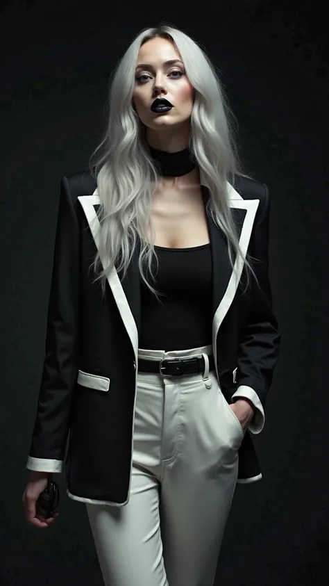 Gothic fashion woman ,long  silverblond hair ,black lipstick ,white pants and black and white suit jacket, black top ,dark backround ,dark color ,fashion shot