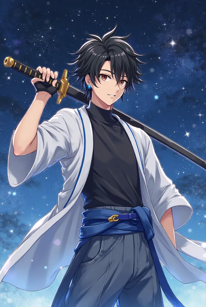  youth,handsome, black hair,brown eyes,Sugar face ,Baby Face,swordsman,has a jet black sword,black shirt,Western-style white robe(The blue line), blue earrings, series of character actions,  Godley, Japanese illustration style, anime, Godley, 最強のswordsman,...