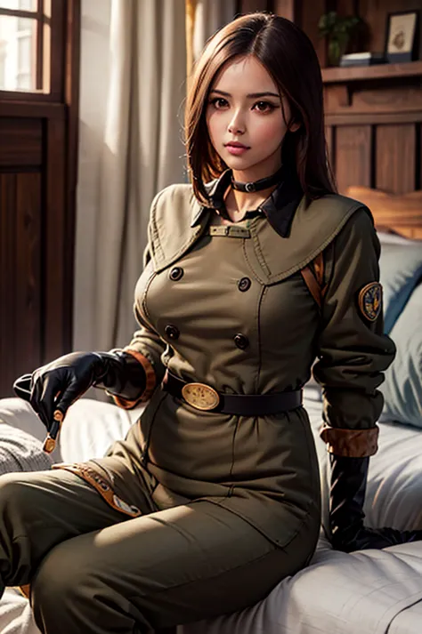 A beautiful woman, Long Brown hair, Brown eyes, Black choker, belt, Long gloves, military uniform, jacket, pants, perfect body, beautiful face, bedroom, cute face, perfect, half body, HD, high resolution, 4K, sitting bed, sexy woman, detailed, realistic, M...