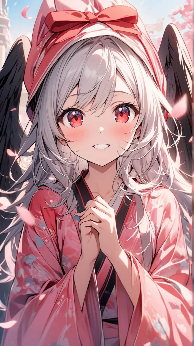 (Best Quality, ), beautiful woman ( red eyes、 Silver Hair), elements、well-groomed face、perfect fingers( beautiful hands and fingers )confident smile、(holding a bow、wink)、1 girl, long hair, Fallen Angel、 Black Angel Wings、solo,  petals fluttering in the win...