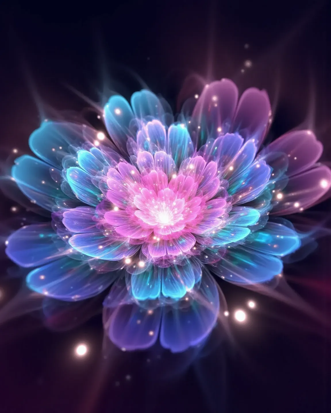 luminous flower,  glowing fractal flower, pink flower, multicolor flower, translucent, light particles, blue theme, gradient background, (masterpiece, best quality:1.2) 