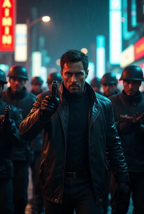 a man, shot by 10 policemen with guns, dramatic pose, intense expression, detailed facial features, realistic, 4K, HDR, ultra-detailed, physically-based rendering, dramatic urban setting, night scene, rainy weather, neon lighting, cinematic atmosphere, gri...