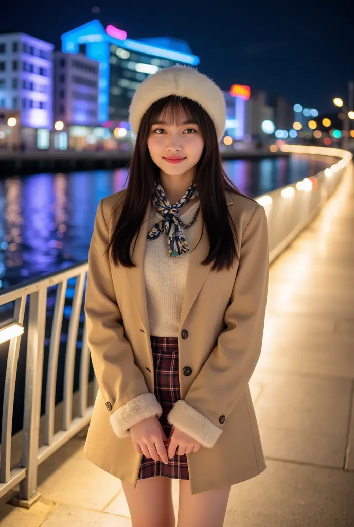 "A young woman with long black hair and fair skin, wearing a beige winter coat with fur trim, a patterned scarf, a white fluffy hat, and a plaid mini skirt. She is posing at night with a soft smile, her hands gently clasped together. The background feature...