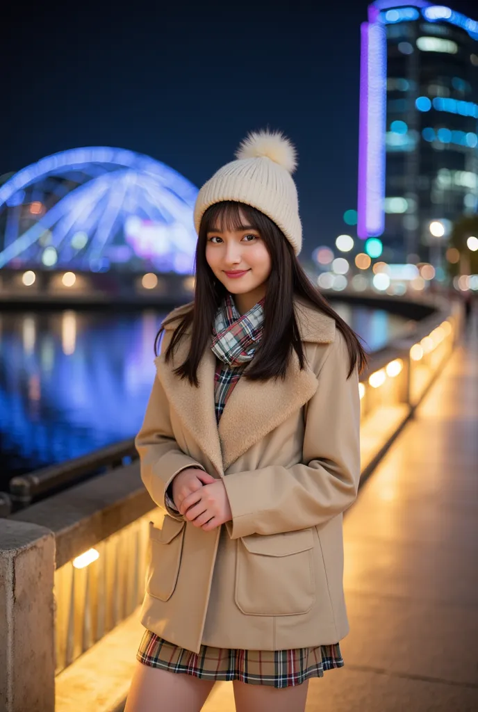 "A young woman with long black hair and fair skin, wearing a beige winter coat with fur trim, a patterned scarf, a white fluffy hat, and a plaid mini skirt. She is posing at night with a soft smile, her hands gently clasped together. The background feature...