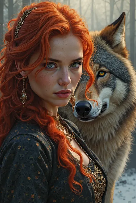 Red hair woman and Wolf as background 
